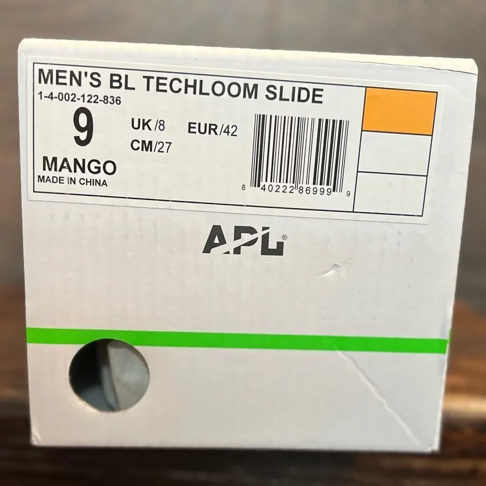 APL Big Logo TechLoom Slides in Mango. Unisex, Men Size 9/Ladies 10.5. NIB!